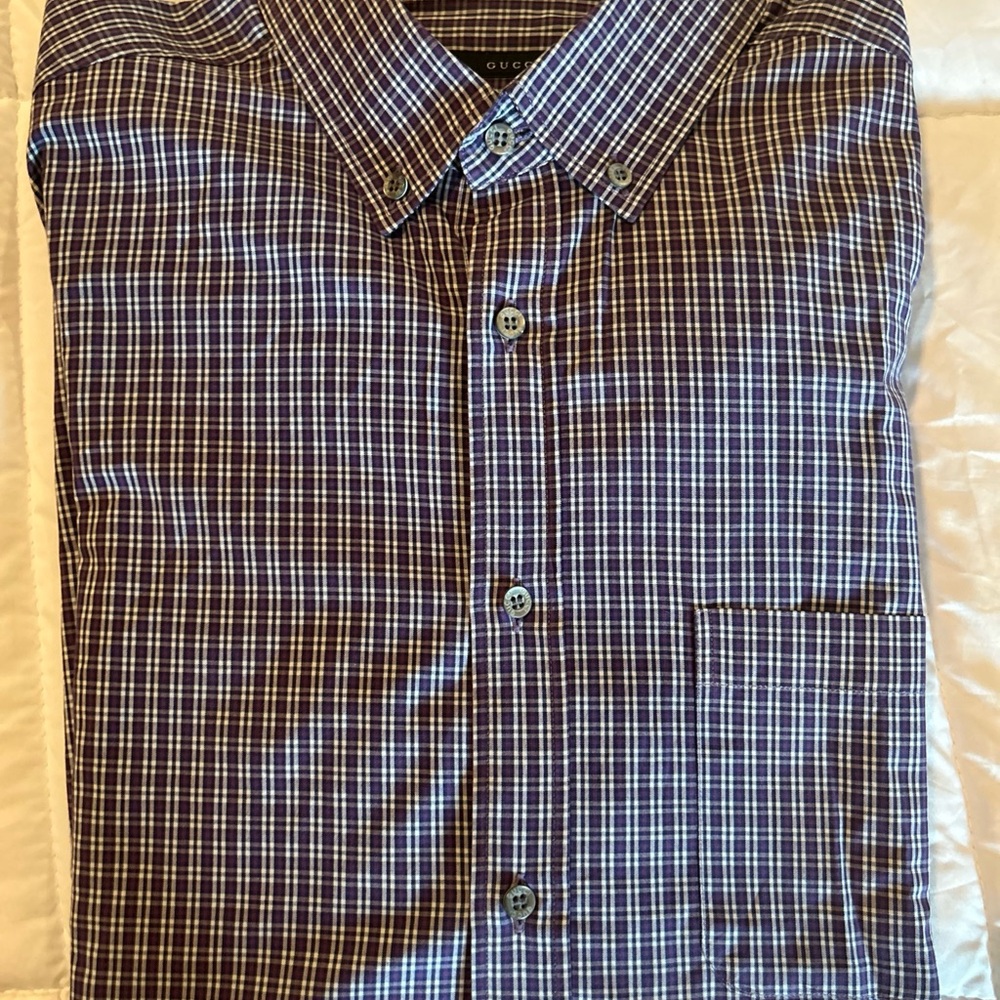 Gucci Men’s Slim fit Purple/Black/White checkered long sleeve 41/16 Button Shirt